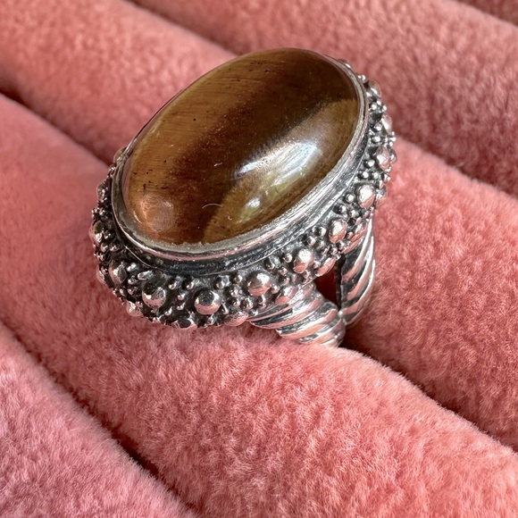 Vintage Tigers Eye Sterling Silver 925 Statement Ring Rope Details Boho Bohemian - Picture 12 of 17